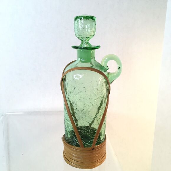2 Vtg Art Glass Crackle Glass Pitcher Decanters Green And Blue  Mid Century - Picture 2 of 10